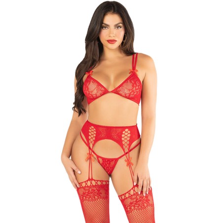 LEG AVENUE SUJETADOR TANGA MEDIAS DE REJILLA ROJO TALLA UNICA