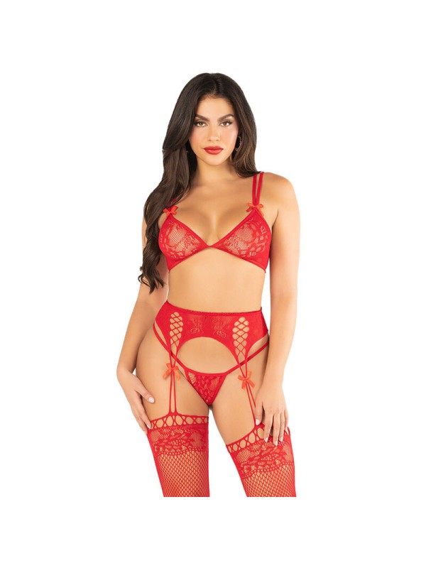 LEG AVENUE SUJETADOR TANGA MEDIAS DE REJILLA ROJO TALLA UNICA
