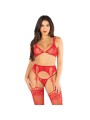 LEG AVENUE SUJETADOR TANGA MEDIAS DE REJILLA ROJO TALLA UNICA