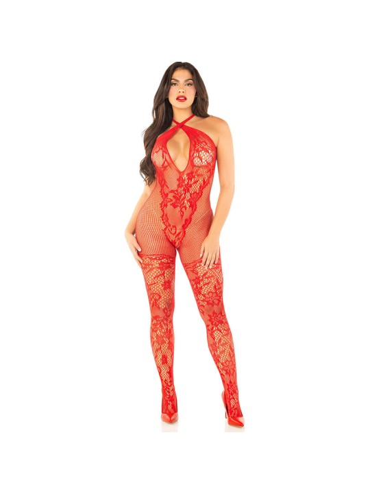 LEG AVENUE BODYSTOCKING DE REJILLA CON ESTAMPADO DE FLORES ROJO TALLA UNICA