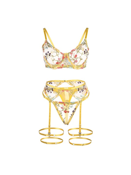 SUBBLIME 954345 SUJETADOR TANGA LIGUEROS DISENO FLORAL AMARILLO S M