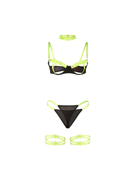 SUBBLIME 955274 SET SUJETADOR CON COLLAR Y DETALLES PARA PIERNAS VERDE FLUORESCENTE S M