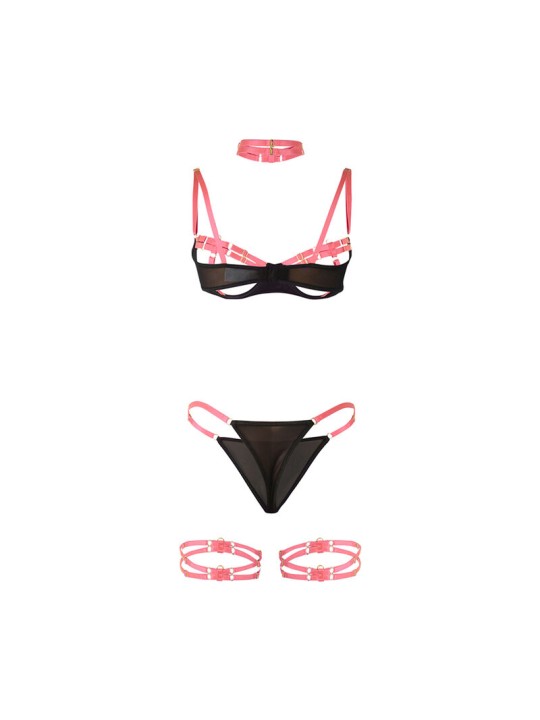 SUBBLIME 955298 SET SUJETADOR CON COLLAR Y DETALLES PARA PIERNAS ROSA FLUORESCENTE S M