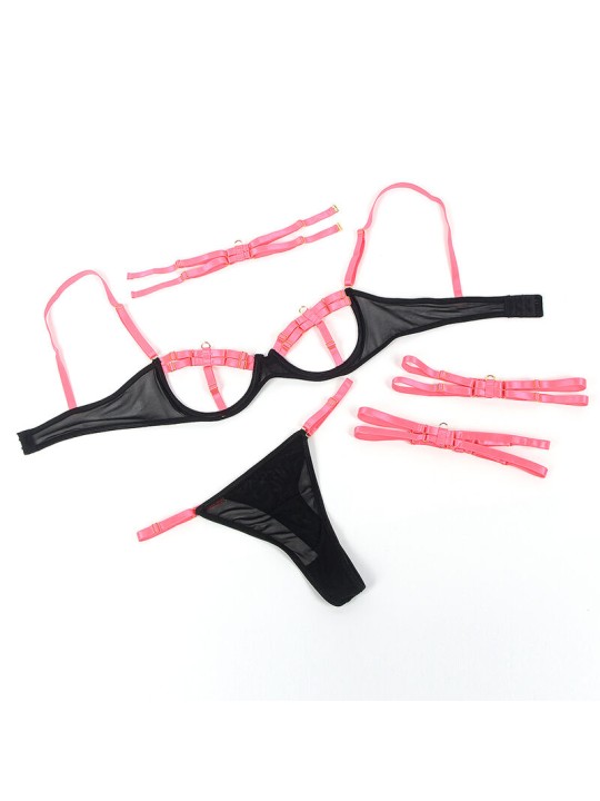 SUBBLIME 955298 SET SUJETADOR CON COLLAR Y DETALLES PARA PIERNAS ROSA FLUORESCENTE S M
