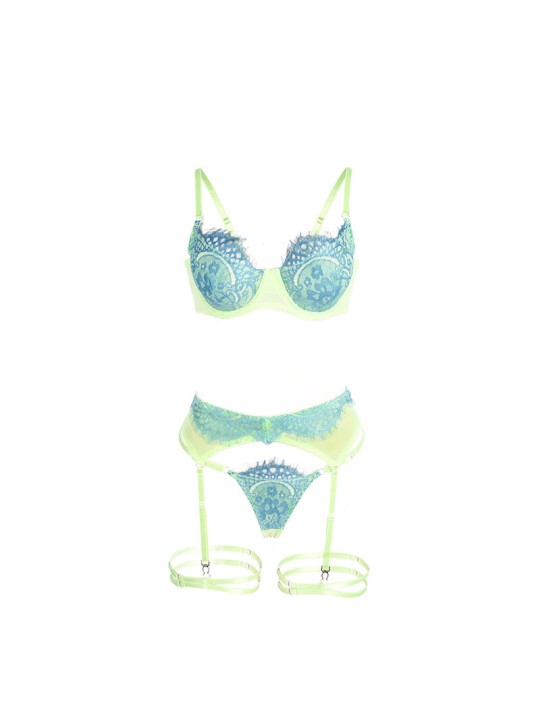 SUBBLIME 955311 SET SUJETADOR CON ENCAJE Y LIGUEROS VERDE Y AZUL S M