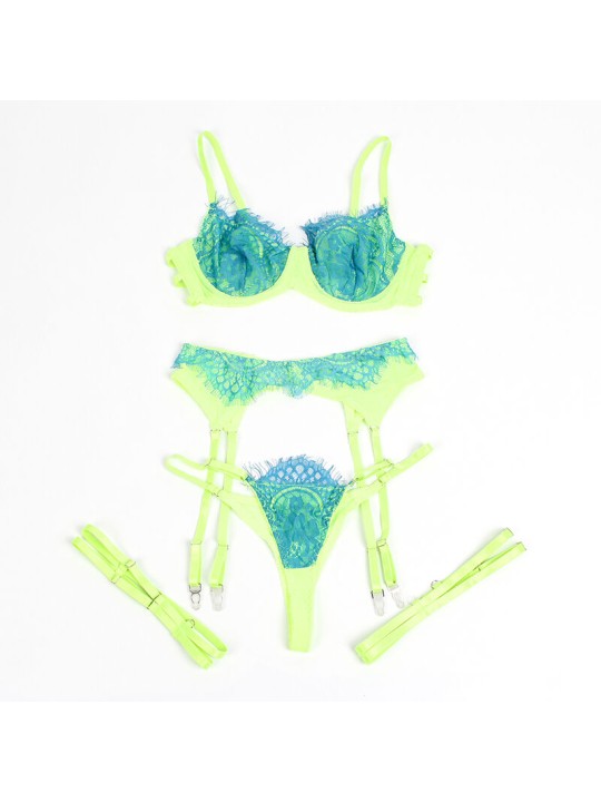 SUBBLIME 955328 SET SUJETADOR CON ENCAJE Y LIGUEROS VERDE Y AZUL L XL