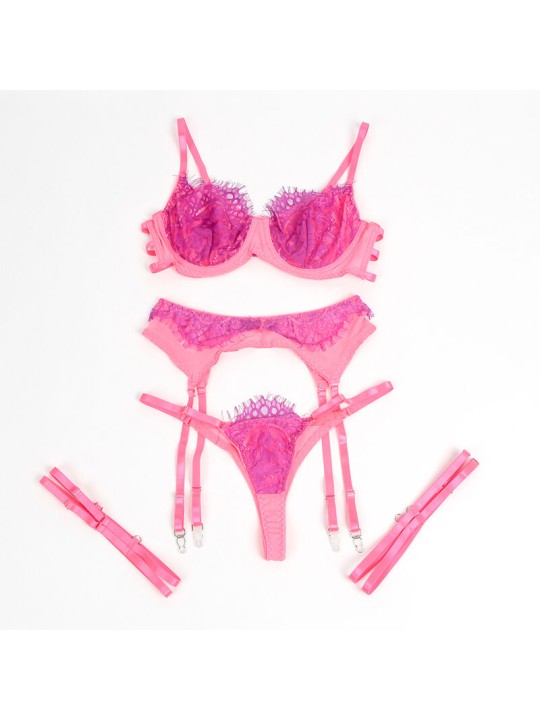 SUBBLIME 955359 SET SUJETADOR CON ENCAJE Y LIGUEROS ROSA Y MORADO S M