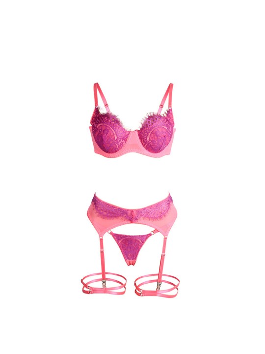 SUBBLIME 955366 SET SUJETADOR CON ENCAJE Y LIGUEROS ROSA Y MORADO L XL