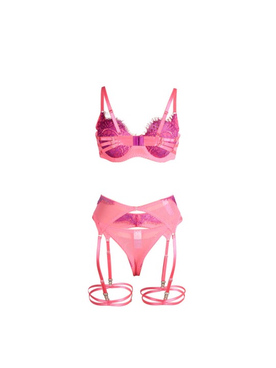 SUBBLIME 955366 SET SUJETADOR CON ENCAJE Y LIGUEROS ROSA Y MORADO L XL