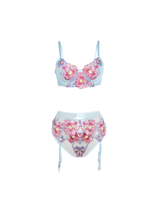 SUBBLIME 957643 CONJUNTO SUJETADOR Y LIGUERO CON BORDADOS DE FLORES ROSAS S M