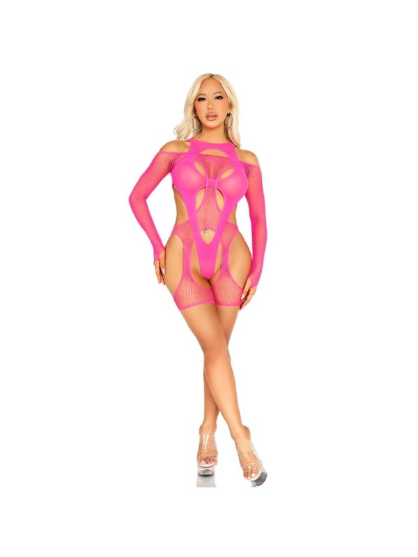 LEG AVENUE BODY DE REJILLA CON LIGA Y ARNES ROSA NEON