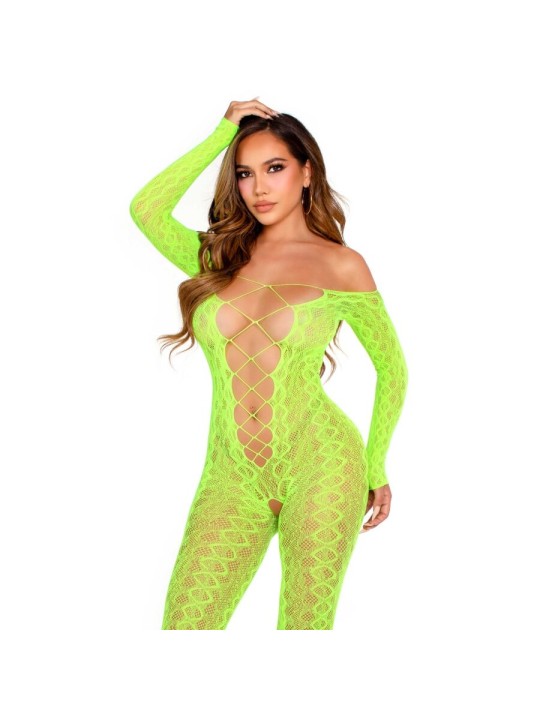 LEG AVENUE BODYSTOCKING SIN ENTREPIERNA DE ENCAJE DE SERPIENTE EXOTICA VERDE NEON