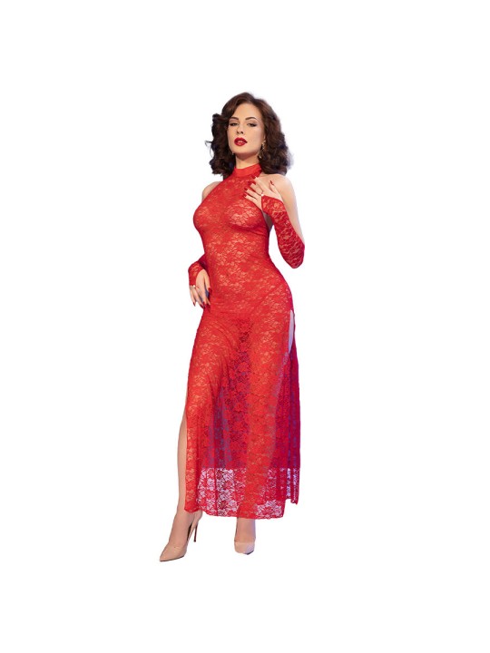 CHILIROSE CR 4853 VESTIDO ROJO DE ENCAJE CON GUANTES S M