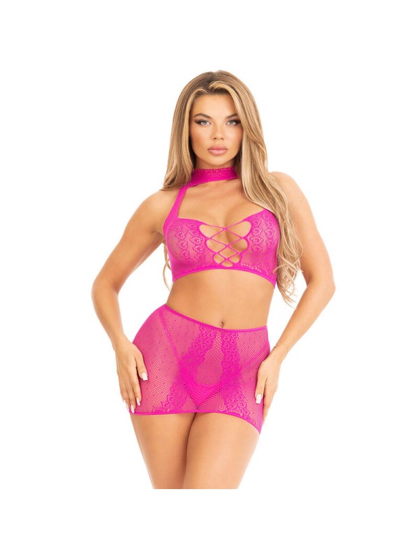LEG AVENUE TOP FALDA DE ENCAJE ABIERTO NEGRO