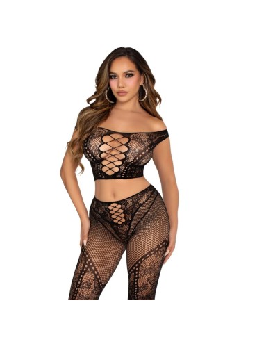 LEG AVENUE CROP TOP Y LEGGING DE REJILLA CON HOMBROS DESCUBIERTOS NEGRO