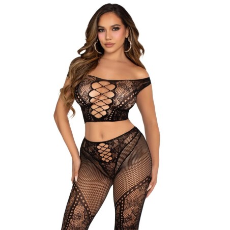 LEG AVENUE CROP TOP Y LEGGING DE REJILLA CON HOMBROS DESCUBIERTOS NEGRO