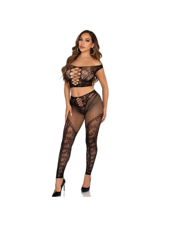 LEG AVENUE CROP TOP Y LEGGING DE REJILLA CON HOMBROS DESCUBIERTOS NEGRO