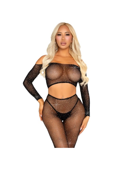 LEG AVENUE CROP TOP Y LEGGING DE REJILLA CON PEDRERIA NEGRO