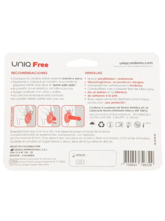 UNIQ FREE PRESERVATIVOS CON ARO PROTECTOR SIN LATEX 3 UNIDADES