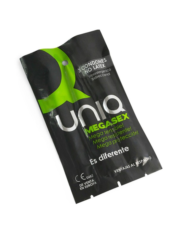 UNIQ MEGASEX PRESERVATIVOS SENSITIVOS CON LIGUERO SIN LATEX 3 UNIDADES