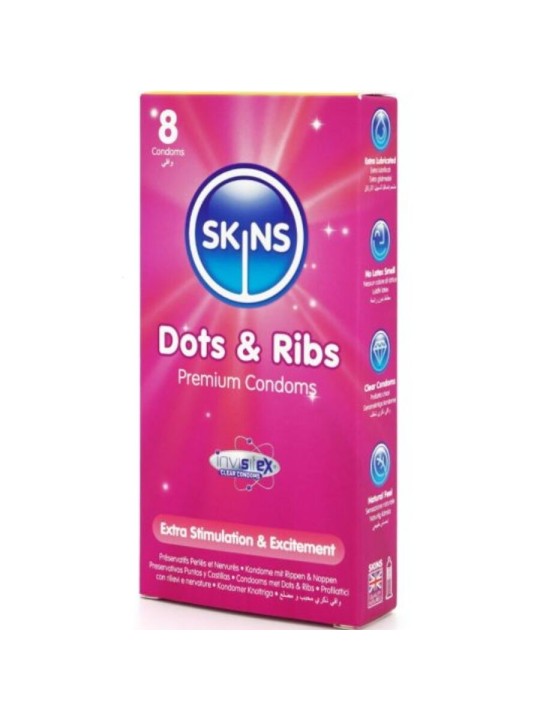 SKINS DOTS RIBS PRESERVATIVOS PREMIUM PACK 8