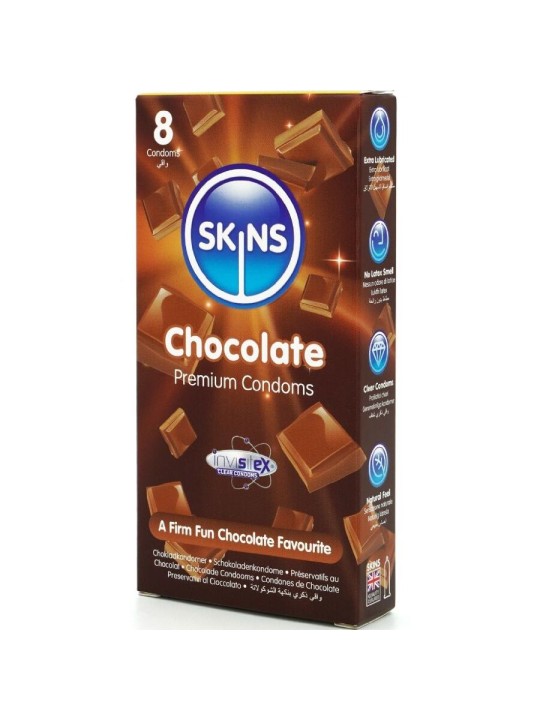 SKINS PRESERVATIVOS PREMIUM SABOR CHOCOLATE PACK 8