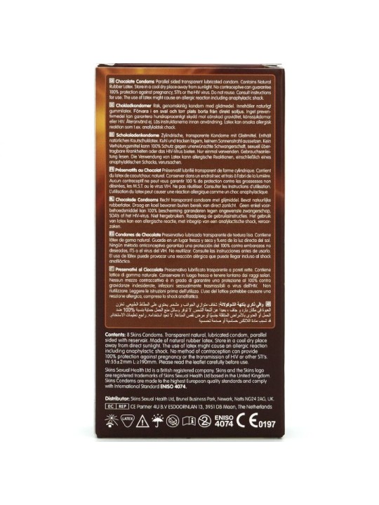 SKINS PRESERVATIVOS PREMIUM SABOR CHOCOLATE PACK 8