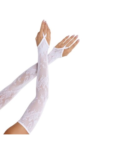 LEG AVENUE GUANTES EXTRALARGOS CALIENTABRAZOS DE ENCAJE FLORAL BLANCO
