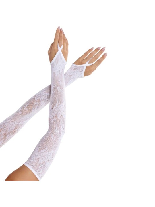 LEG AVENUE GUANTES EXTRALARGOS CALIENTABRAZOS DE ENCAJE FLORAL BLANCO