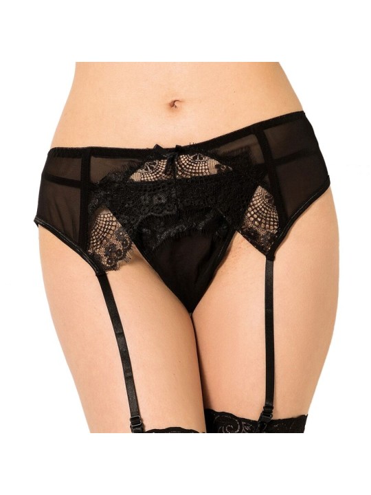QUEEN LINGERIE TANGA CON LIGUERO DE ENCAJES NEGRO S M