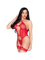 LEG AVENUE 89338 SET BODY ABIERTO CON LIGUERO TANGA DE ENCAJE ROJO TALLA UNICA