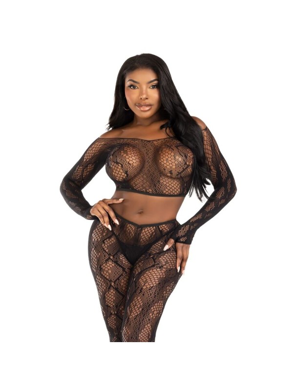 LEG AVENUE 89373 CROP TOP Y MEDIAS SIN PIE DE PITON NEGRO TALLA UNICA