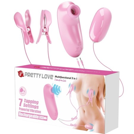 PRETTY LOVE IMONIE SET MULTIFUNCIONAL 3 EN 1 CON SUCCIONADOR PEZONES Y CLITORIS