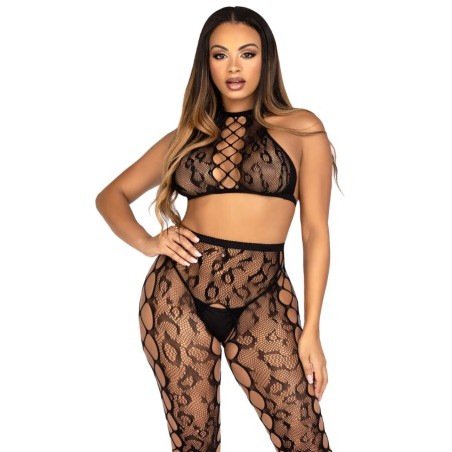 LEG AVENUE 89372 CROP TOP Y MEDIAS SIN ENTREPIERNA NEGRO TALLA UNICA