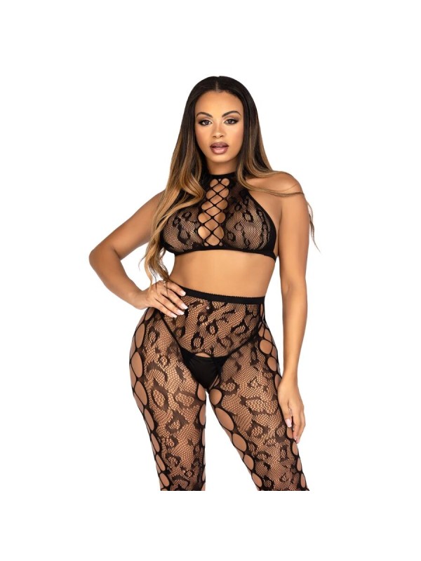 LEG AVENUE 89372 CROP TOP Y MEDIAS SIN ENTREPIERNA NEGRO TALLA UNICA