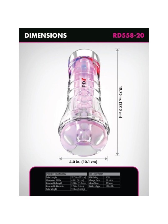 PDX ELITE MASTURBADOR TRANSPARENTE VIEWTUBE XXL LED STROKER 273 CM