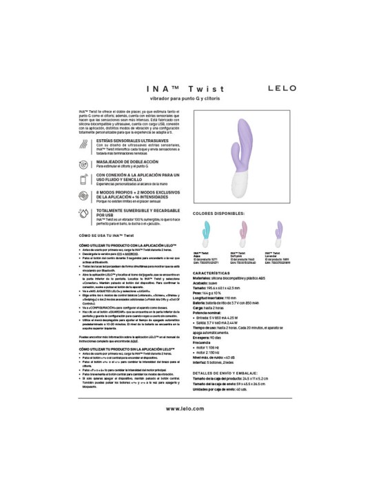 LELO INA TWIST VIBRADOR RABBIT PUNTO G Y CLITORIS LAVANDA