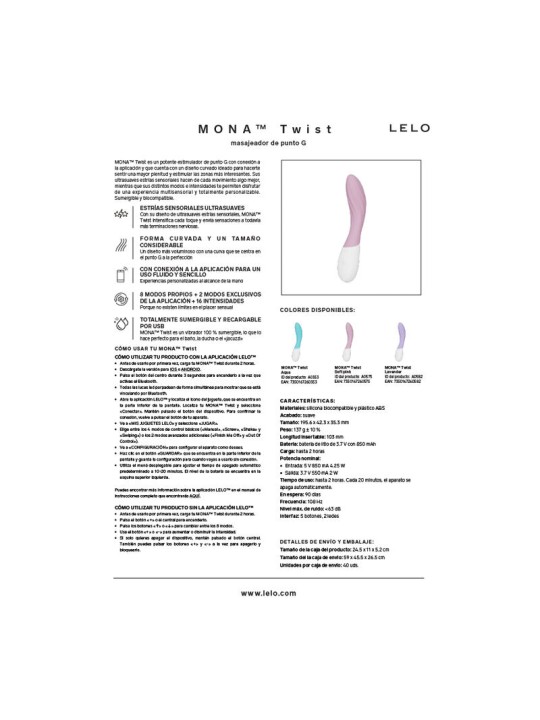 LELO MONA TWIST VIBRADOR PARA PUNTO G RECARGABLE APP CONTROL LAVANDA