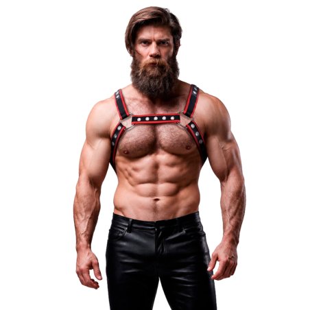 FETISH SUBMISSIVE ATTITUDE ARNES BULLDOG ECOPIEL PECHO HOMBRE NEGRO ROJO
