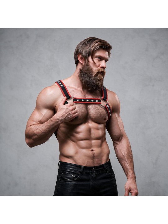 FETISH SUBMISSIVE ATTITUDE ARNES BULLDOG ECOPIEL PECHO HOMBRE NEGRO ROJO