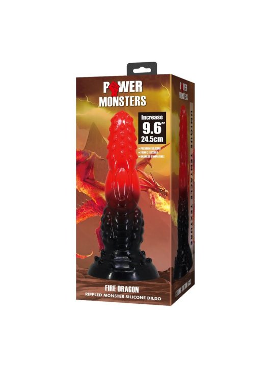 POWER MONSTERS FIRE DRAGON DILDO FANTASIA CON VENTOSA 245 CM O 58 CM ROJO Y NEGRO