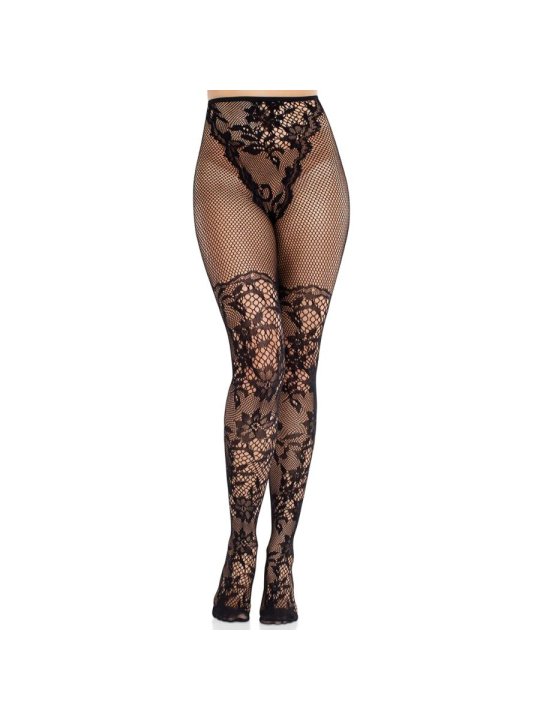 LEG AVENUE MEDIAS DE ENCAJE DAHLIA CON DETALLE DE RED NEGRO