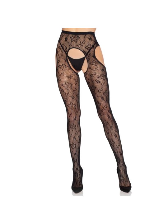 LEG AVENUE 1967 MEDIAS DE LIGUERO CON RED DE FLORES NEGRO TALLA UNICA