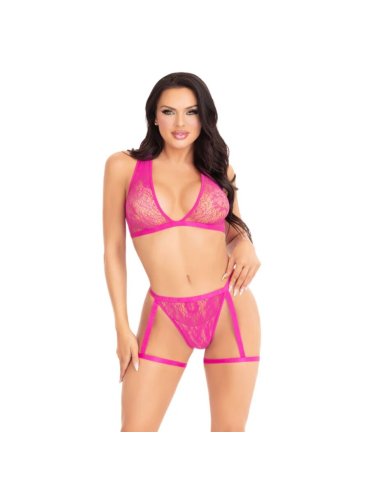 LEG AVENUE 86148 TOP DE BRA DE ENCAJE Y PANTY CON LIGUEROS ROSA TALLA UNICA