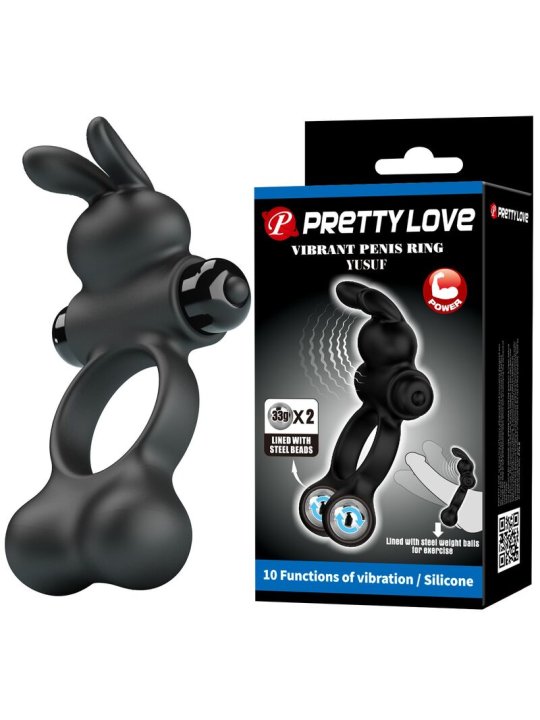 PRETTY LOVE ANILLO VIBRADOR PARA PENE CON ESTIMULADOR DE CONEJITO 10 FUNCIONES NEGRO