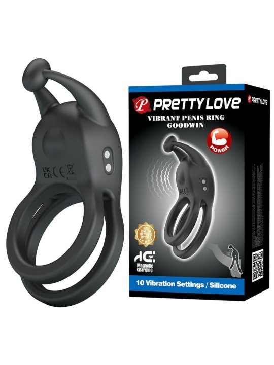 PRETTY LOVE GOODWIN ANILLO VIBRADOR DOBLE PARA PENE RECARGABLE NEGRO
