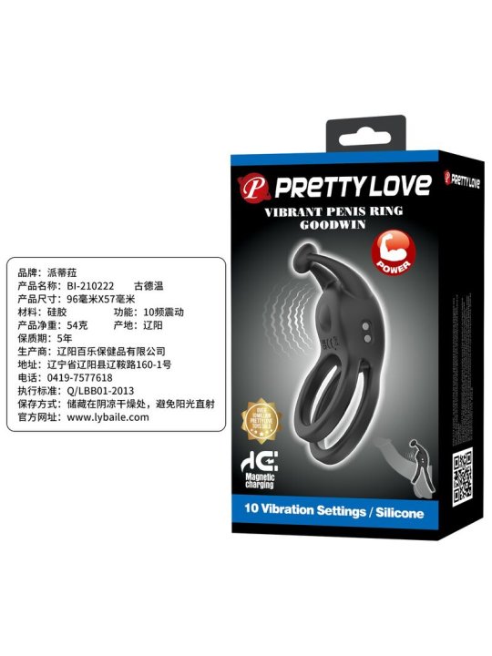 PRETTY LOVE GOODWIN ANILLO VIBRADOR DOBLE PARA PENE RECARGABLE NEGRO