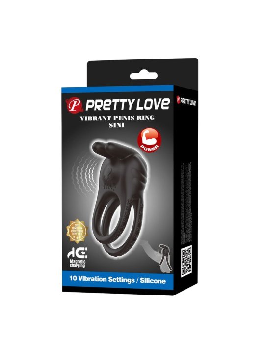 PRETTY LOVE SINI ANILLO PARA PENE VIBRADOR RECARGABLE 10 FUNCIONES NEGRO