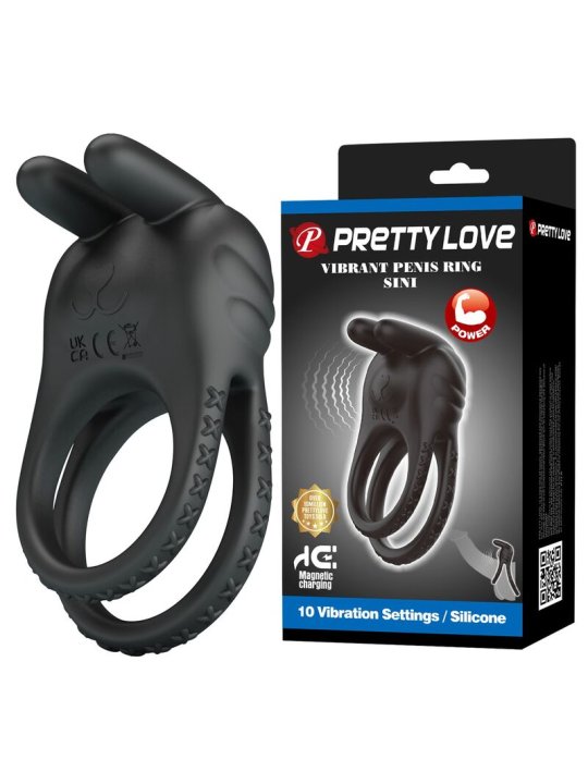 PRETTY LOVE SINI ANILLO PARA PENE VIBRADOR RECARGABLE 10 FUNCIONES NEGRO