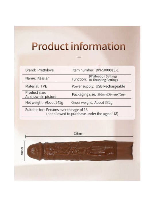 PRETTY LOVE KESSLER DILDO VIBRADOR REALISTA 10 MODOS DE VIBRACION Y 10 DE EMPUJE 22 CM MARRON
